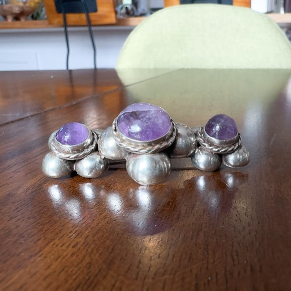 Early Vintage Mexican Sterling Silver Triple Amethyst Brooch Marked MR Mexico - Picture 5 of 12